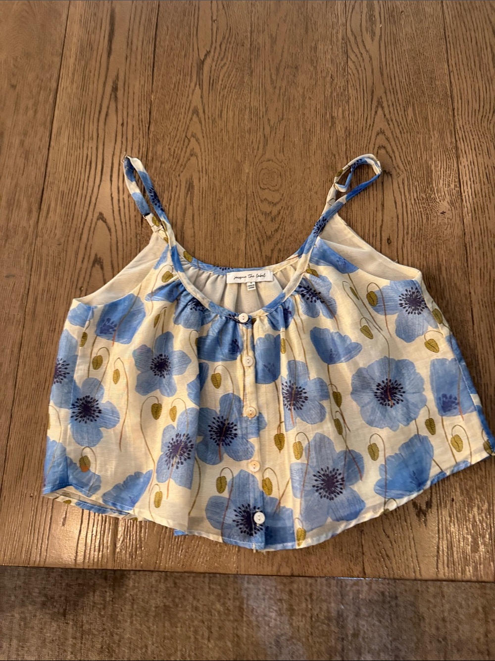 Jacqui E Blue and Cream Floral Button-Front Crop Camisole